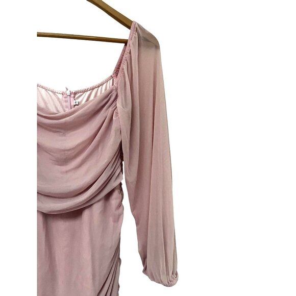 Womens Light Pink Ruched Long Sleeve Midi Dress With Draped Neckline Size Large - Picture 3 of 8